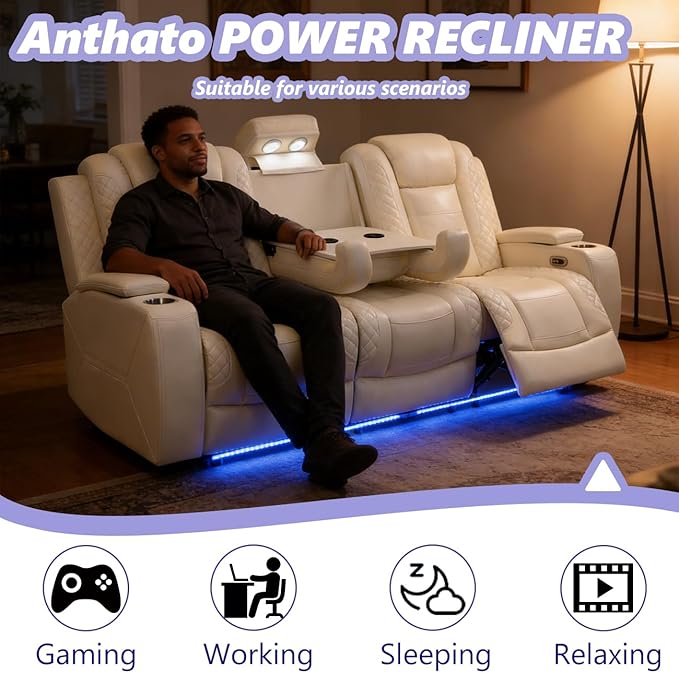 Power Theater Recliner Sofa Couch with LED Breathing Leather Reclining Couch Recliner Furniture for Living Room with Storage/Cup Holders/Read Light/Home Theater Seat Cream White(3 Seater)