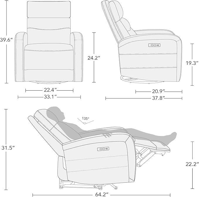 Watson &amp Whitely Swivel Power Recliner with Adjustable Headrest Recliner Chairs for Adults Small Glider Rocker for Living Room Fabric in Khaki
