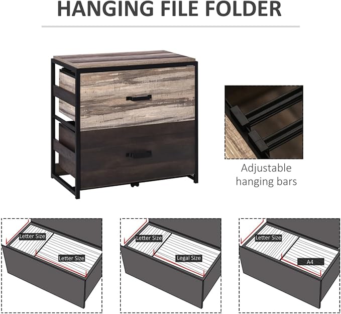 Wide 2-Drawer Lateral File Cabinet with Adjustable Metal Hanging Bars for A4 Letter &amp Legal Files Rustic Wood and Steel Storage Organizer for Home Office Anti-Tip Design