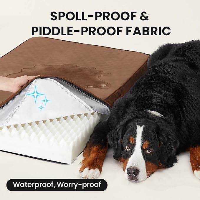 OhGeni Orthopedic Waterproof Dog Bed for Extra Large Dogs Machine-Washable Removable Cover in Easy-Clean Fabric High Density Foam &amp Easy-Carry Handle Suitable for Crate 47 inch (Brown)