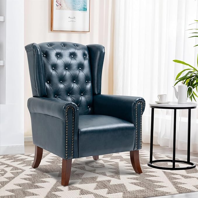Faux Leather Accent Chair Mid-Century Armchair Upholstered Club Sofa Chair with Wooden Legs High Back Living Room Chair for Bedroom Office Lounge (Blue)