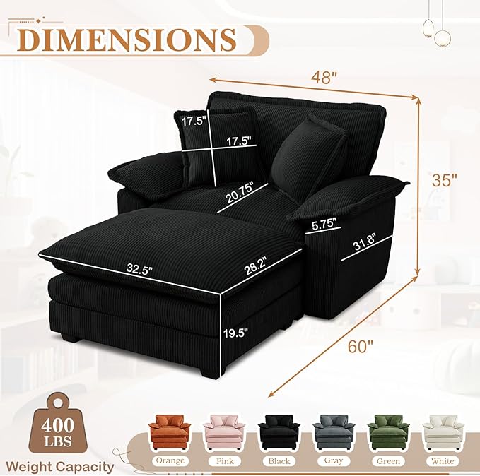 48 W Oversized Chaise Lounge Chair Indoor with Ottoman Upholstered Cloud Accent Chair with Extra Wide Armrests Comfy Green Corduroy Sleeper Chair for Living Room Bedroom Reading (Black)