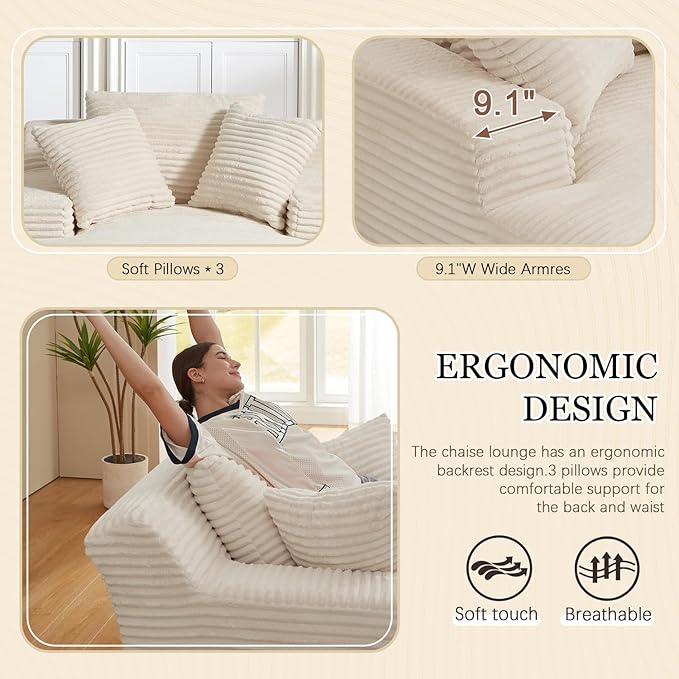 80 Inch Oversized Chaise Lounge Chair IndoorBoneless Corduroy Sofa Bed with Spring CushionDeep Seat Cloud Couch and Reading LoungerSoft Sleeper Sofa for Living RoomNo Assembly Required (White)