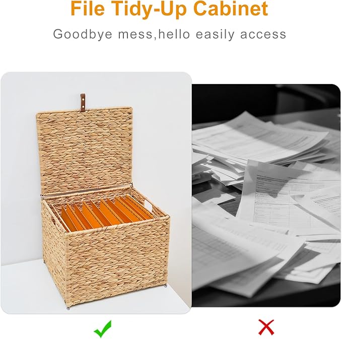 Rolling File Cabinet Basket with Smooth Rubber Casters Water Hyacinth Mobile File Organizer with Metal Frame for Home Office Fits Letter &amp Legal Hanging File Folders (Natural)