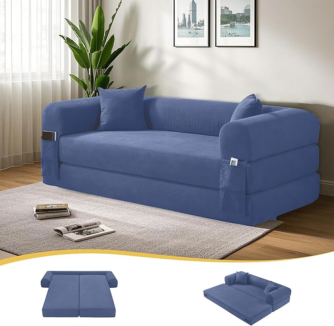 80 Convertible Sofa Bed 3-in-1 Corduroy Folding Pull Out Couch with Pillows No Assembly Modern Boneless Couch Compression Sofa in Box Floor Sofa with Side Storage for Living RoomDark Smog Blue