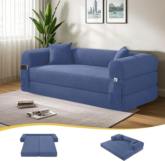 80 Convertible Sofa Bed 3-in-1 Corduroy Folding Pull Out Couch with Pillows No Assembly Modern Boneless Couch Compression Sofa in Box Floor Sofa with Side Storage for Living RoomDark Smog Blue