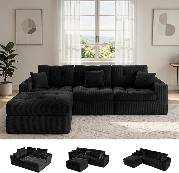 113 Modular Sectional Sofa for Living Room Convertible L-Shape Couch with OttomanCloud Boneless Couch with Layered CushionBlack Corduroy