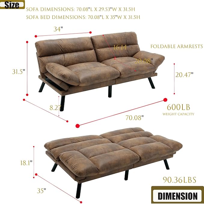 70 Modern Microsuede Convertible Folding Futon Couch Sofa Bed Adjustable Pillow Top Arm Memory Foam Couch Double Loveseat Sofa for Compact Living SpaceDormGame StudioApartmentBedroom (Coffee)