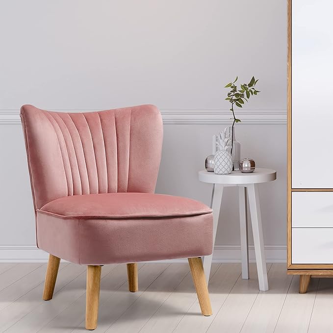 S AFSTAR Armless Accent Chair Velvet Modern Chair with Rubber Wood Legs and Thick Sponge Seat Upholstered Leisure Wingback Sofa Chair for Living Room for Bedroom Living Room (1 Pink)