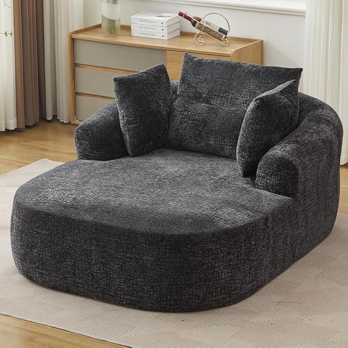 Oversized Chaise Longue Chair Indoor Modern Upholstered Chenille Deep Seat Sofa Bed with Throw Pillows and Armrests Sleeper Sofa Couch for Living Room Bedroom Apartment (Black)