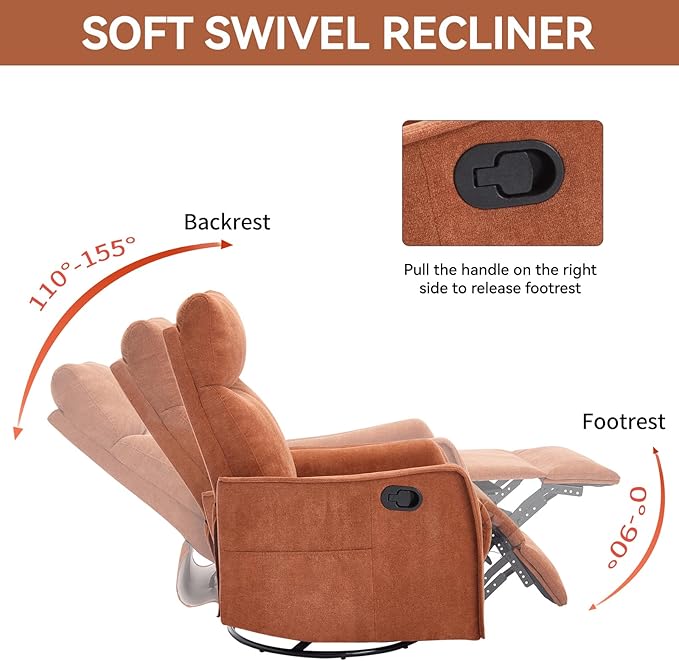 360°Swivel in Fabric Reclining ChairsHeat Massage Manual Recliner ChairSmall Recliners SpacesSingle Lazyboy Recliner Sofa for Living RoomRVBedroomOrange