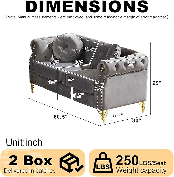 Antetek 60.5-inch Loveseat Chesterfield Sofa Mid Century Modern Sofa Couch with Button Tufting &amp Rolled Arms Comfy Upholstered Velvet Deep Seat Couch for Living Room Office Grey