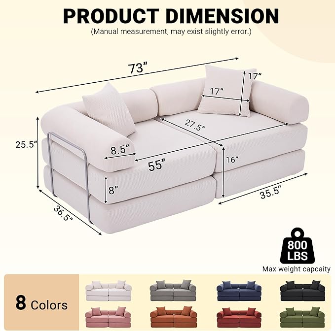 73 Convertible Sleeper Sofa Bed Corduroy Boneless Couch in a Box 4-in-1 Folding Mattress Loveseat Couch Comfy Modular Foldable Floor Sleeper Sofa with 2 Pillows and Fixed-Shape Frame (Beige 73)