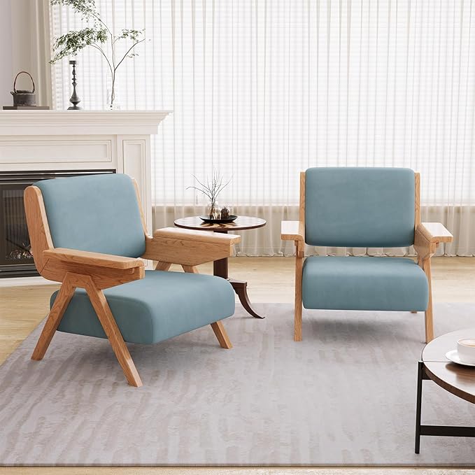 Accent Chair Mid Century Modern Chair Velvet Upholstered Lounge Arm Chair with Solid Wood Cozy Reading Chair for Living Room Bedroom Balcony (Blue Single Chair)