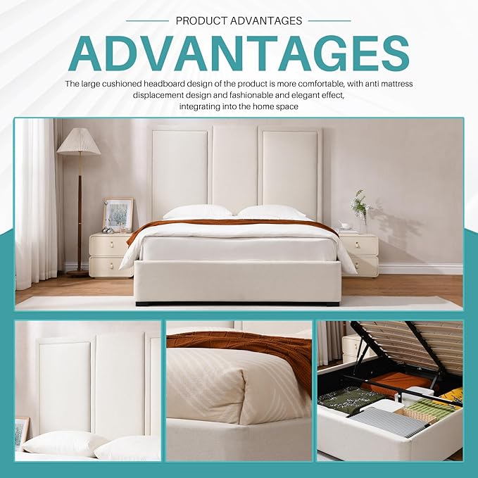 YUHUASHI Queen Size Bed Frame with 64-inch High Headboard Simple and Airy Linen Upholstered Platform Bed with Storage Drawers Wood Slat No Noise (Beige Queen(Hydraulic Lift))