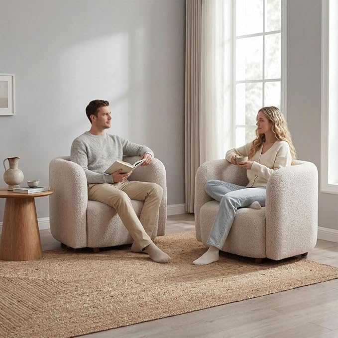 Set of 2 Oversized Accent Chairs Modern Boucle Lounge Chairs for Living Room Minimalist Japandi Seating with Thick Cushion Cozy Upholstered Armchairs for Bedroom Apartment Small Spaces Beige