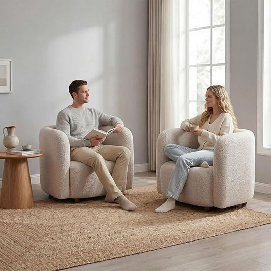 Set of 2 Oversized Accent Chairs Modern Boucle Lounge Chairs for Living Room Minimalist Japandi Seating with Thick Cushion Cozy Upholstered Armchairs for Bedroom Apartment Small Spaces Beige
