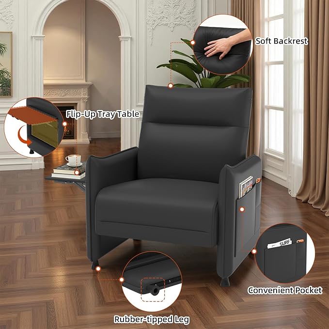 Faux Leather Accent Soft Chairs Set of 2 with Flip-Up Tray Table Side Pocket Ergonomic Soft Backrest &amp Elastic Cushion Modern Accent Chairs for Living Room Bedroom Black