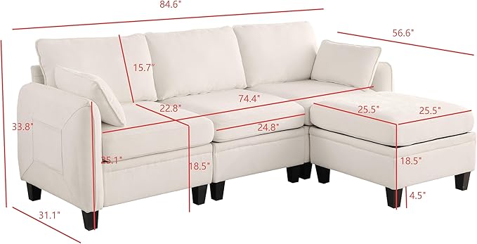 Sectional Sofa for Living Room L Shaped Chenille Fabric Couch with Storage Chaise Solid Eucalyptus Wood Frame Comfortable Cushions Modern Sectional Couch