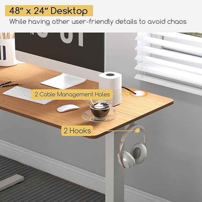 Giantex Electric Standing Desk Height Adjustable Stand up Desk with 3 Memory Heights 2 Hanging Hooks 2 Cable Management Holes Sit Stand Home Office Computer Desk (Natural 48x24 Inch)