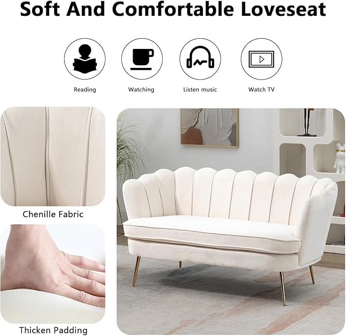 Anwick 59 Small Modern Chenille Loveseat Sofa 2-Seater Sofa with Gold Metal Legs Small Couch with Flower Shaped Back for Living Room Bedroom Office (Beige)