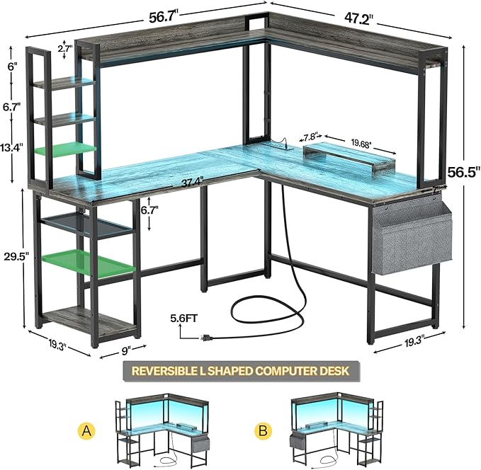 Aheaplus L Shaped Gaming Desk Reversible L Shaped Desk with Power Outlet and Led Lights Gaming Desks Corner Computer Desks with Hutch Monitor Stand and Storage Bag for Home Office Black Oak