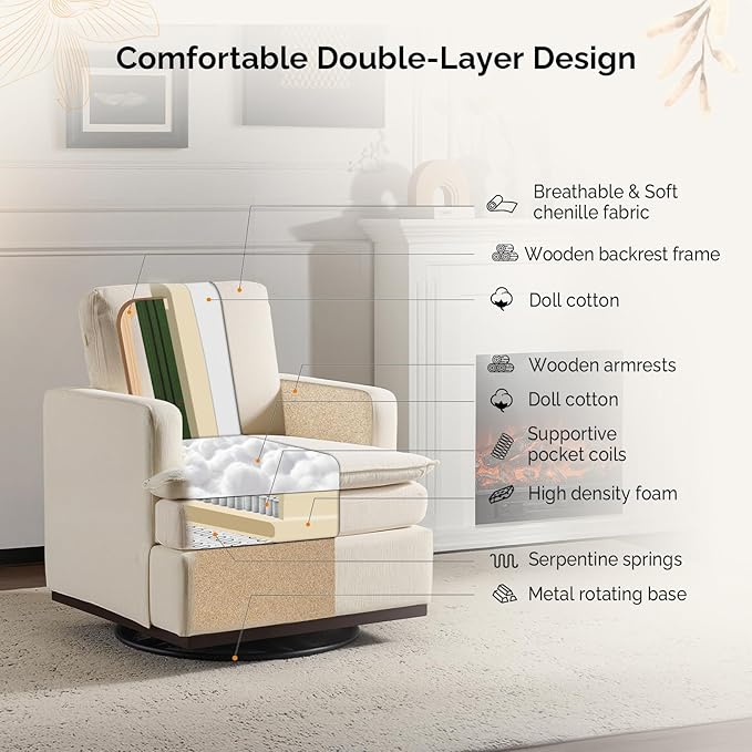 VINGLI Mid-Century Modern Single Swivel Armchair 360° Swivel Accent Chair Double-Layer Seat Cushions Upholstered Square Club Chair for Living Room Bedroom Reading RoomChenille Beige