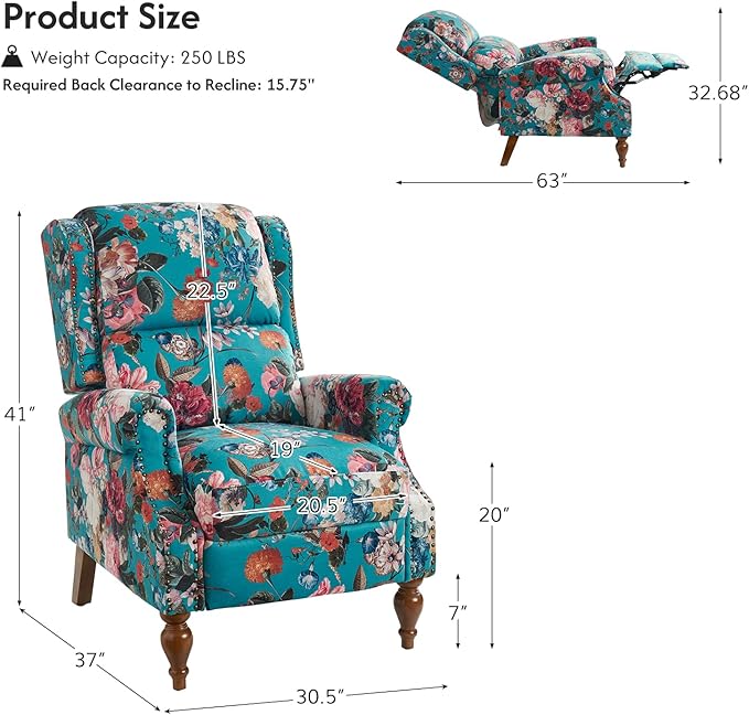 Pushback Recliner Chair Upholstered Floral Fabric Wingback Chair Single Sofa Accent Chair with Wood Legs and Rivet Decoration for Living Room Bedroom Peacock