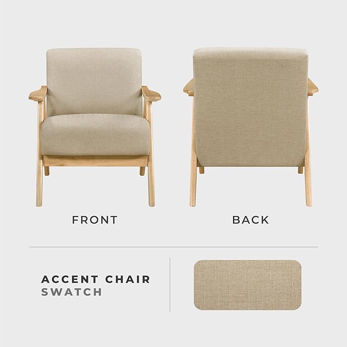 Lexicon Mid Century Modern Accent Chair with Solid Wood Frame in Natural Finish Textured Fabric Living Room Lounge Arm Chair Thick and Comfy Innerspring Seat Cushion Linen-Look Fabric Light Brown