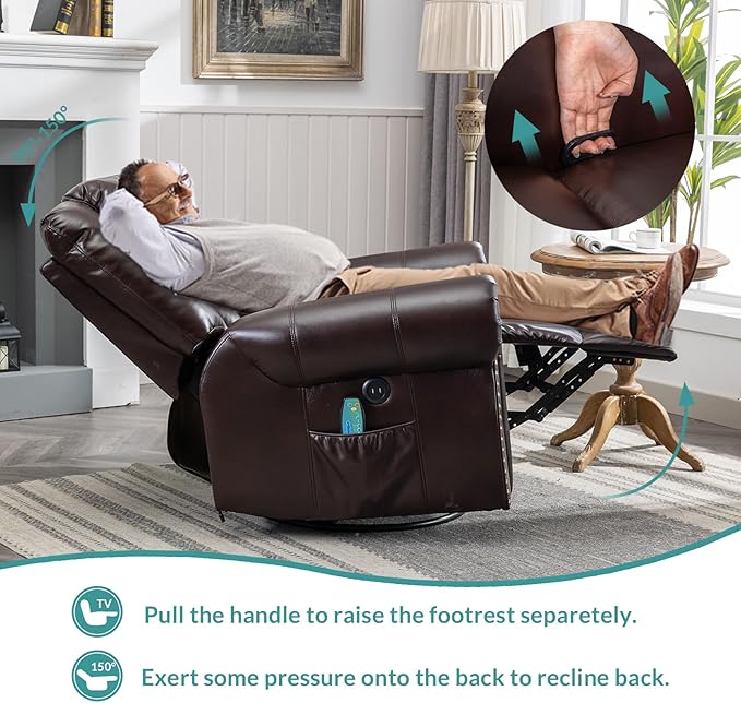 MEETWARM Massage Swivel Rocker Recliner with Heat and Vibration Manual Glider Rocking Recliner Chair 360°Swivel Lounge Reclining Chair with Remote Control/USB Ports for Living Room(Dark Brown)