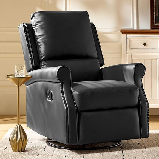 HULALA HOME Faux Leather Swivel Rocker Recliner with Adjustable Backrest and Footrest Push Back Recliner Chair with Nailhead Trim 360° Swivel Glider Rocking Chair for Living Room Bedroom Black