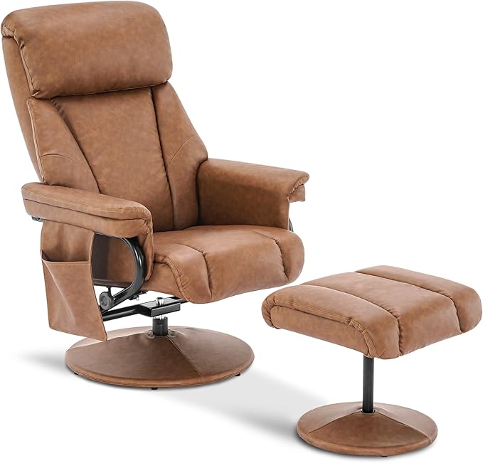 MCombo Swivel Recliner with Ottoman TV Chair with Vibration Massage Ideal for RV Small Space Living Room &amp Bedroom 4539 4828 (Faux Leather Saddle)