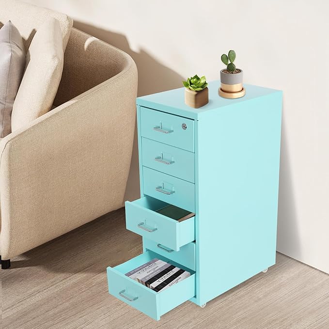 Office File Cabinet w/4 Wheels 6 Drawer Metal Small Vertical File Cabinets w/2 Lock Smooth Edges Mobile Storage Cabinet File Organizer for Home Office Living Room 11 * 16 * 27in (Blue)