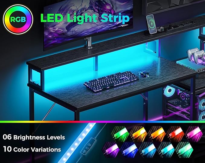 Casaottima 98 Inch 2 Person Gaming Desk with Storage Shelves Long Double Home Office Computer Writing Desks with USB Charging Port &amp LED Lights Monitor Stand Modern Study/Work TableBlack