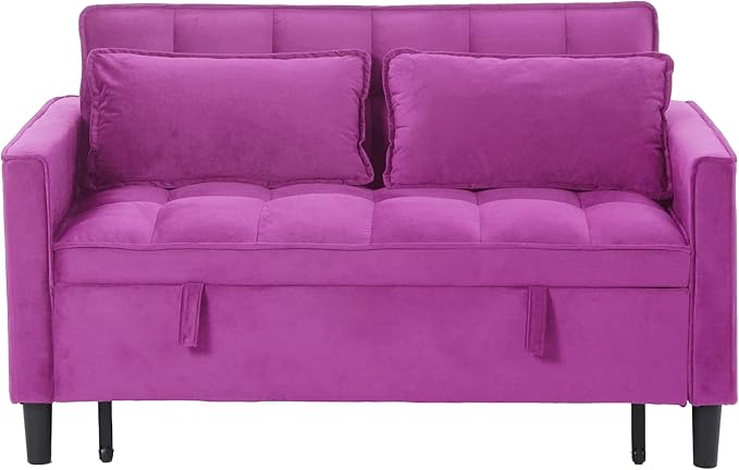 3 in 1 Convertible Sofa Bed Love Seat Sleeper Bed with Side Pockets Velvet Fabric Pull Out Couch with Adjustable Backrest for Living Room Bedroom Apartment Deep Pink