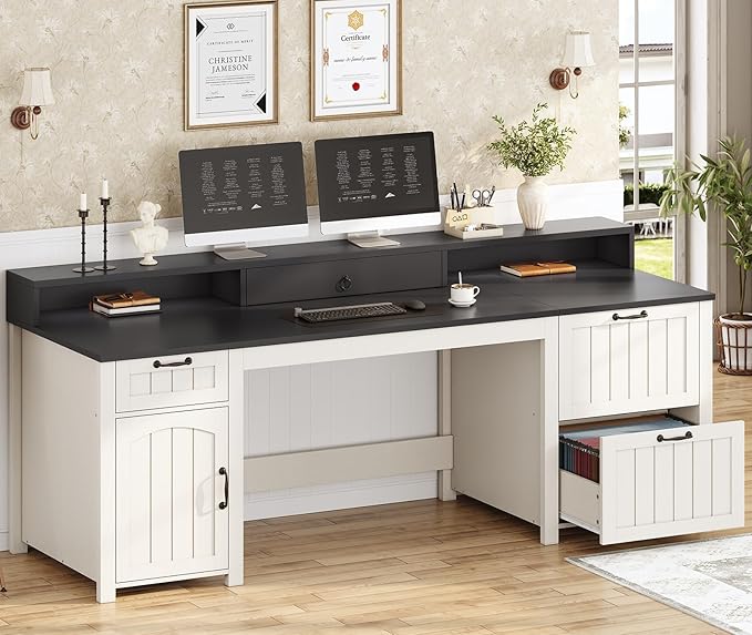 SEDETA Farmhouse 63 Executive Desk Home Office Desk with File Drawer and Monitor Stand Computer Desk with Drawers and Storage Cabinet Wood Desk for Work Study Writing White