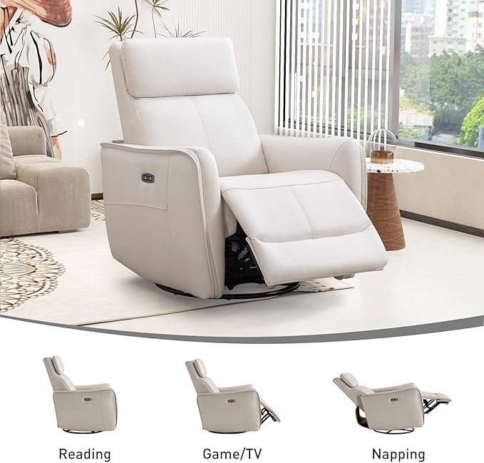 Bonzy Home Power Swivel Rocker Recliner Chair with USB Port Wide Seat Head &amp Lumbar Support Upholstered Glider Chair for Living Room Nursery Bedroom Cream White