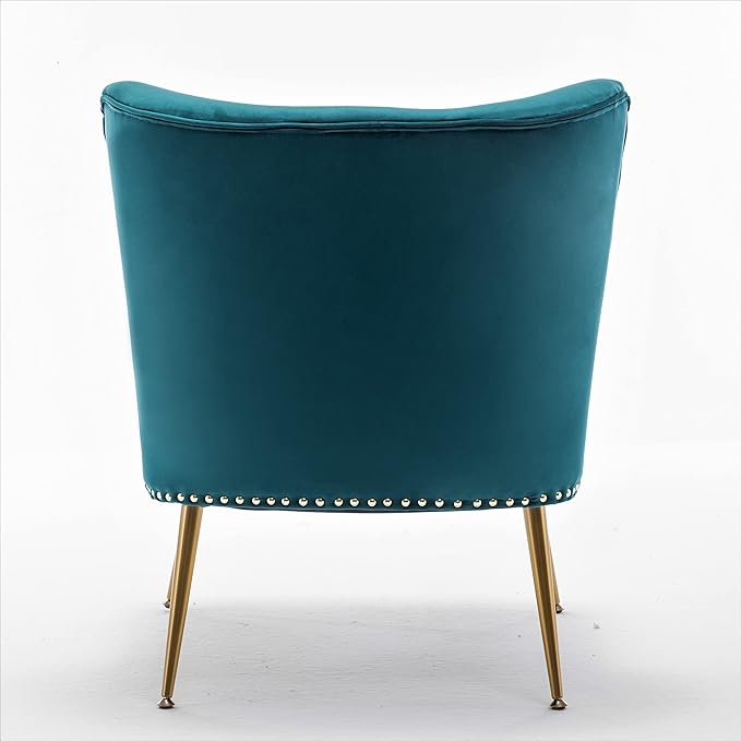 Thia Armless Velvet Accent Chair for Living Room Elegant Seat with Nailhead Trim Gold Metal Legs and Comfortable Curved Back 28 D x 25 W x 29.5 H Bluish Green