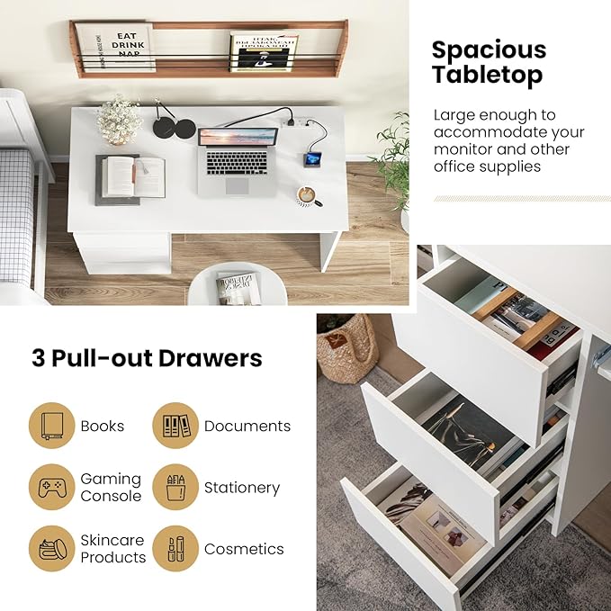Tangkula White Desk with 3 Storage Drawers &amp Built-in Charging Station Home Office Desk with Keyboard Tray PC Desk Study Writing Table Vanity Table for Bedroom Computer Workstation (White)