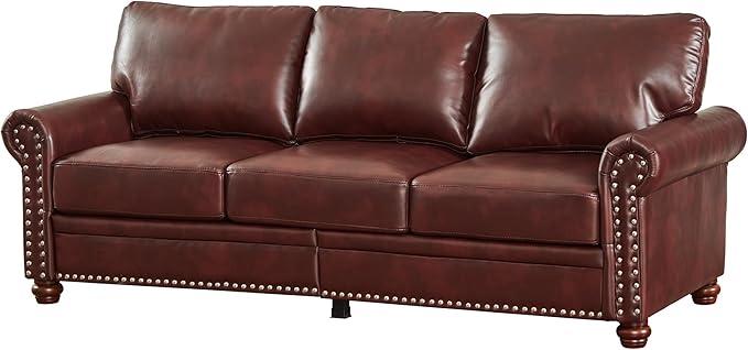 Harper &amp Bright Designs 3-Seat Sofa Couch Faux Leather Upholstered Couch with Storage Space Wood Legs Nails Decoration Modern Sofa Couch for Living Room Bedroom (Burgundy)