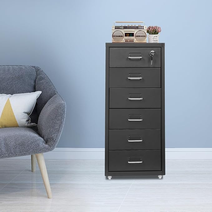6 Drawer Filing Cabinets with Lock Metal Vertical File Storage CabinetMoblie Office File Cabinet with WheelsRolling Metal Filing Storage CabinetsLocking File Cabinet for for Home Office (Black)