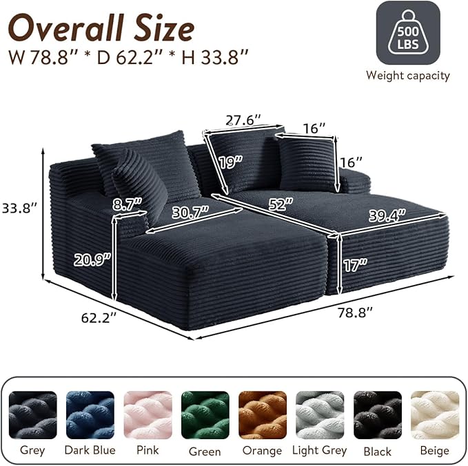 Oversized Double Chaise Lounge Chair IndoorWide Corduroy Boneless Chaise Lounges Sofa Comfy Upholstered Cloud Couch No Assembly Required Loveseat Sleeper Chair Bed for Living Room(Dark Grey)