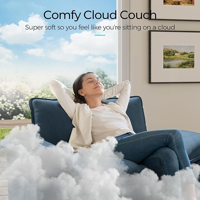 LINSY HOME 123'' Modular Sectional Sofa Blue Couch Corduroy Cloud Couches for Living Room L Shaped Couch with Movable Ottoman Modern Cloud Sectional Sofas for Bedroom and Apartment Blue
