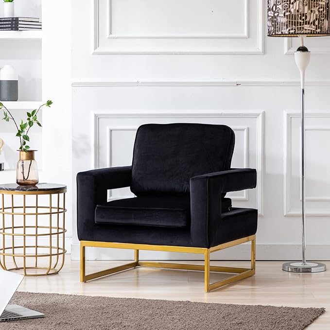 LukeAlon Elegant Velvet Accent Club Chair Upholstered Armchair with Gold Metal Legs Modern Single Sofa Chair Comfy Reading Chair with Open Back for Living Room Bedroom Black