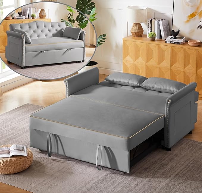 57-Inch Velvet Full Size Sleeper Sofa Couch with Pullout BedConvertible Pull Out with Golden Decorative Strip and Adjustable Backrest for Small SpacesApartment Guest Room RV (Grey)