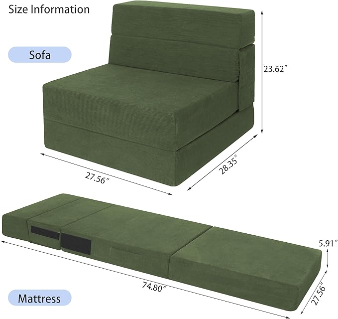 Sofa Bed Foldable Mattress Folding Sleeper Sofa Chair Bed Floor Mattress with Pillow for Living Room Home Office (Green-Corduroy Single)