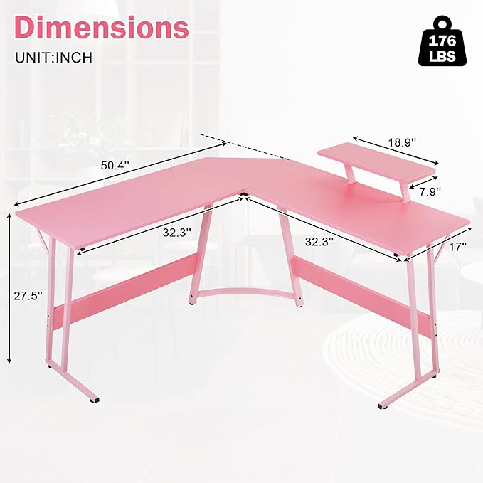 Bigacc L Shaped Gaming Desk 50 Corner Desk Spacious Dual Tops P2 Particleboard Metal Z-Legs Adjustable Non-Slip Pads Scratch/Waterproof Multi-Use Home Office/Game Room/Dorm