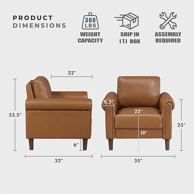 Lexicon 35 W Living Room Accent Chair Faux Leather Upholstered Armchair with Rolled Armrest for Bedroom/Office/Waiting Room Single Sofa Chair Brown
