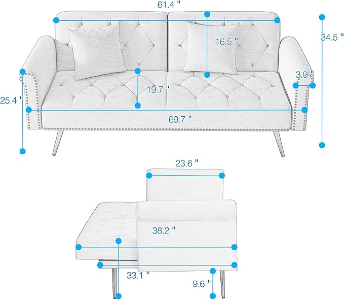 KEIKI 70 Folding Futon Sofa Couch w/Adjustable Backrest Mid Century Modern Loveseat Convertible to Sleeper Bed Small Comfy Velvet Cloud Couch SofaBed for Living Room &amp Bedroom 2 Pillows Black