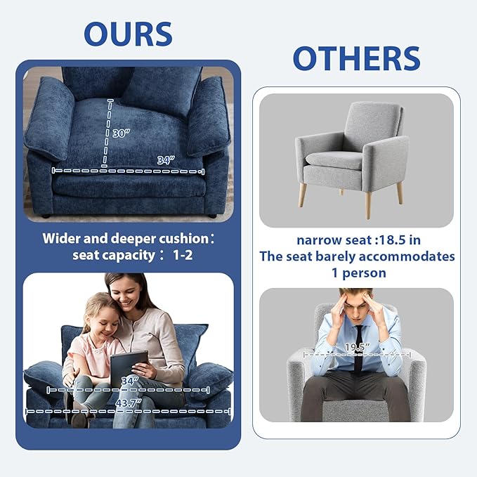 Modern Oversized Chair Set of 2 Comfy Chenille Accent Chair Large Upholstered Armchair with Extra Thick and Deep Seat Lounge Chair for Living RoomBedroomApartment (Blue)